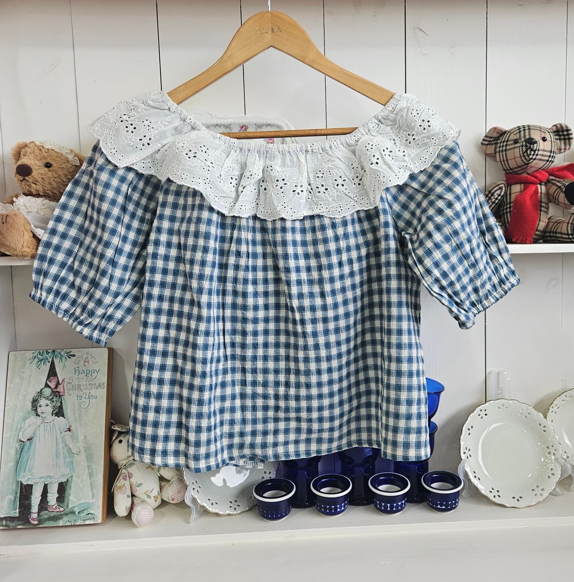 체크 레이스 오프숄더 블라우스 상품이미지4