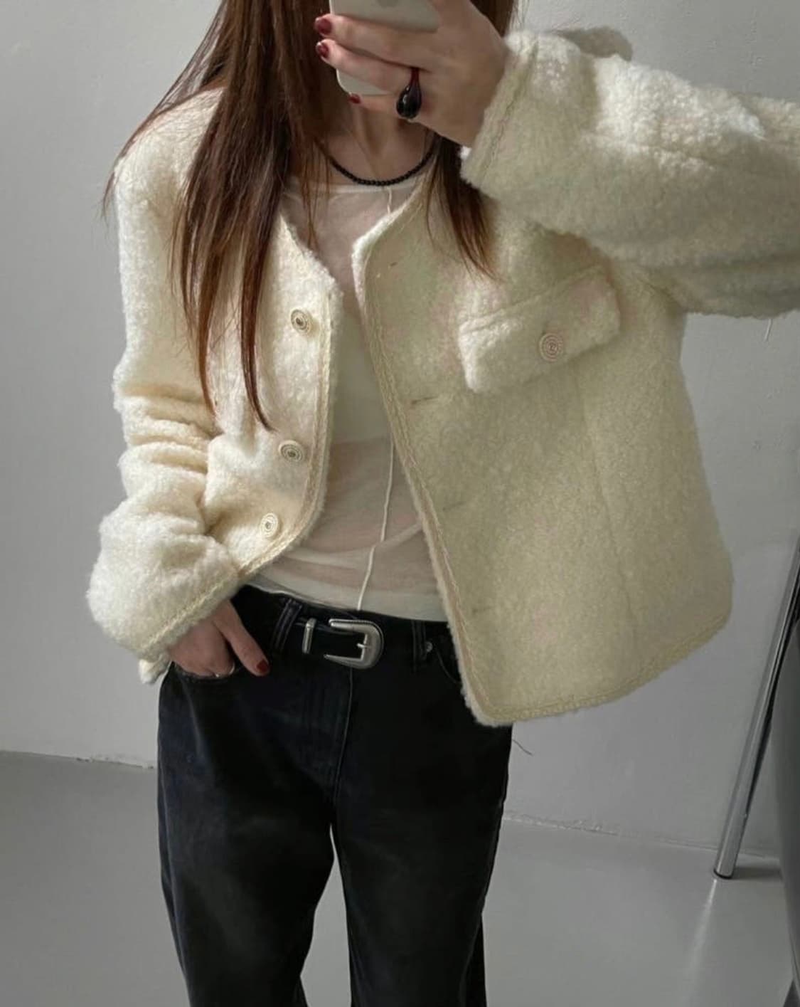 단종 새상품 울 부클 트위드 크림 자켓 상품이미지1