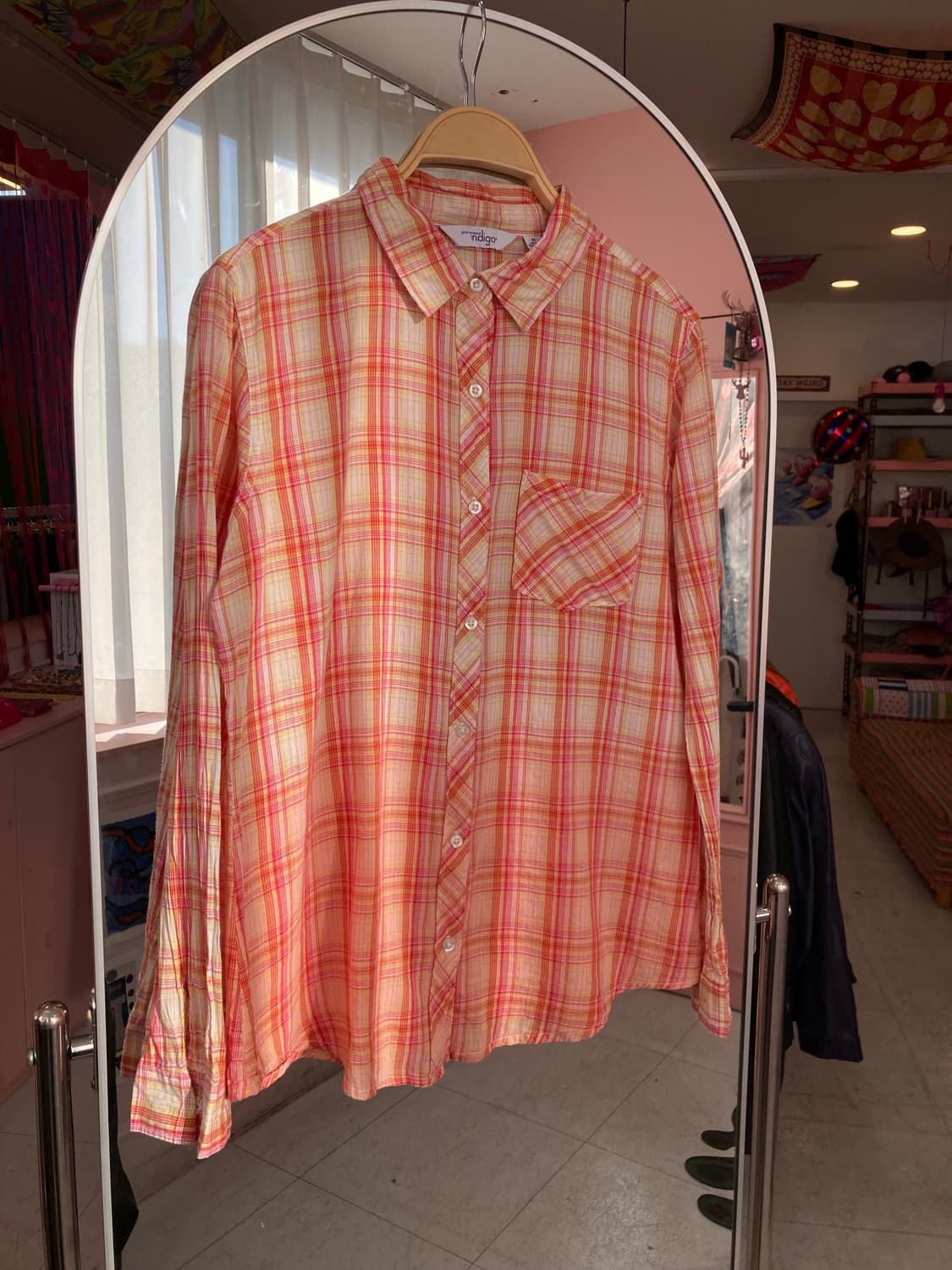 빈티지 오렌지핑크 코튼 100 체크 셔츠 상품이미지1