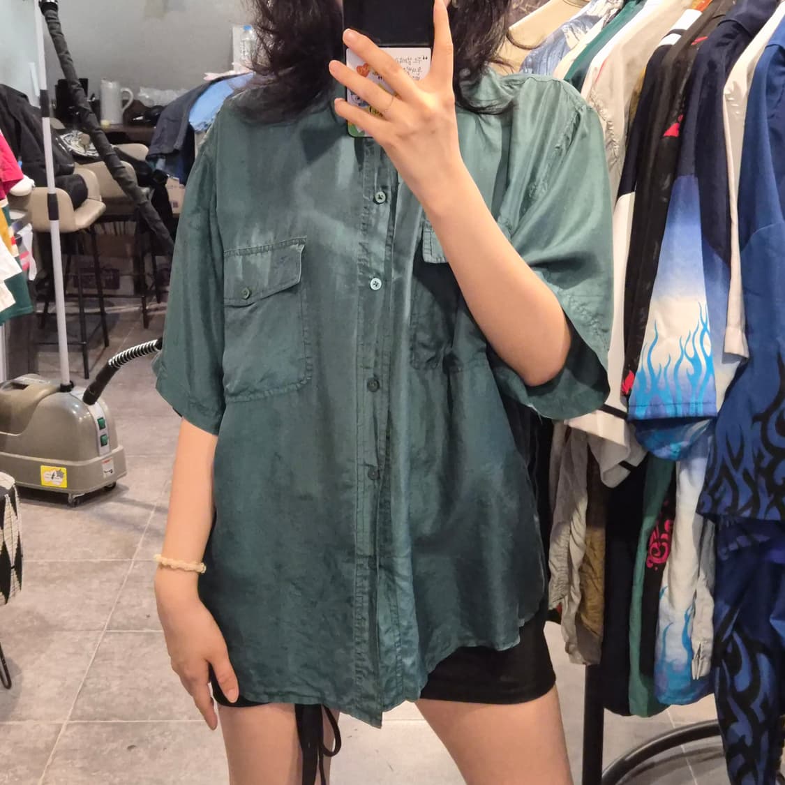 [NO.9] 빈티지 실크 반팔 셔츠 그린 상품이미지1