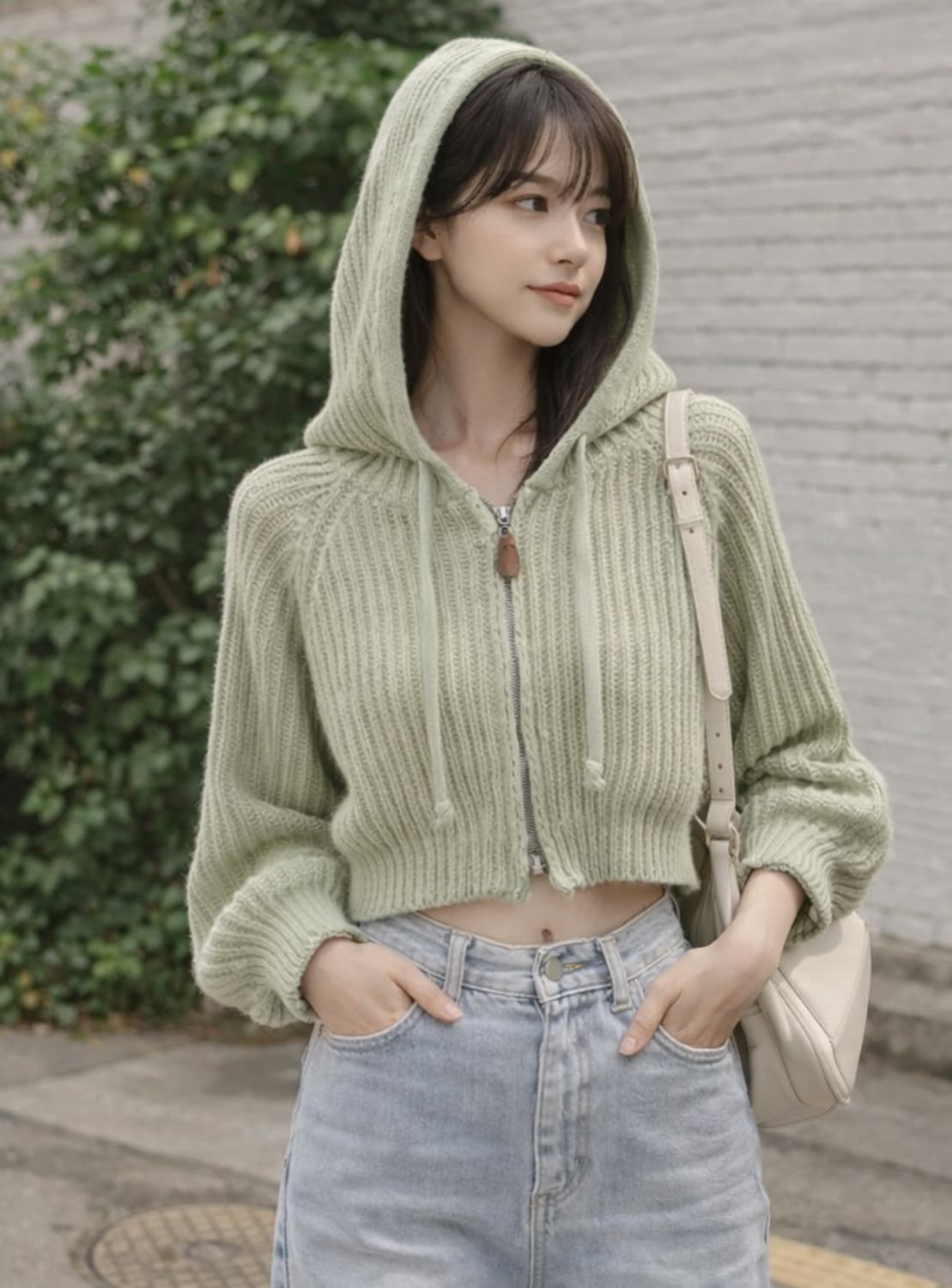 세이지 크롭 니트 후드집업 / 여리핏 볼륨소매 피스타치오 봄후드니트 상품이미지3