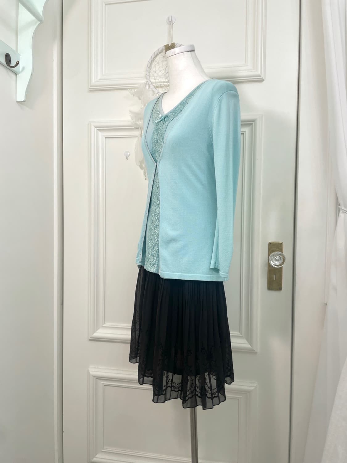 mint cubic one-button cardigan&lace trim 상품이미지3