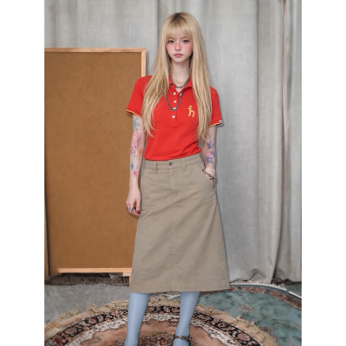 Red Collar Top + Beige Skirt Cody Set 상품이미지1
