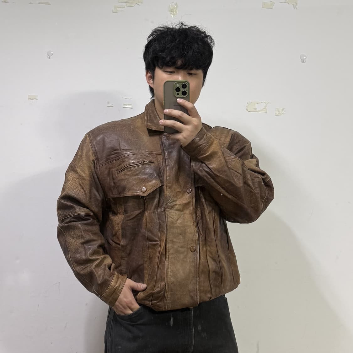 빈티지 워시드 레더 트러커 자켓 상품이미지4