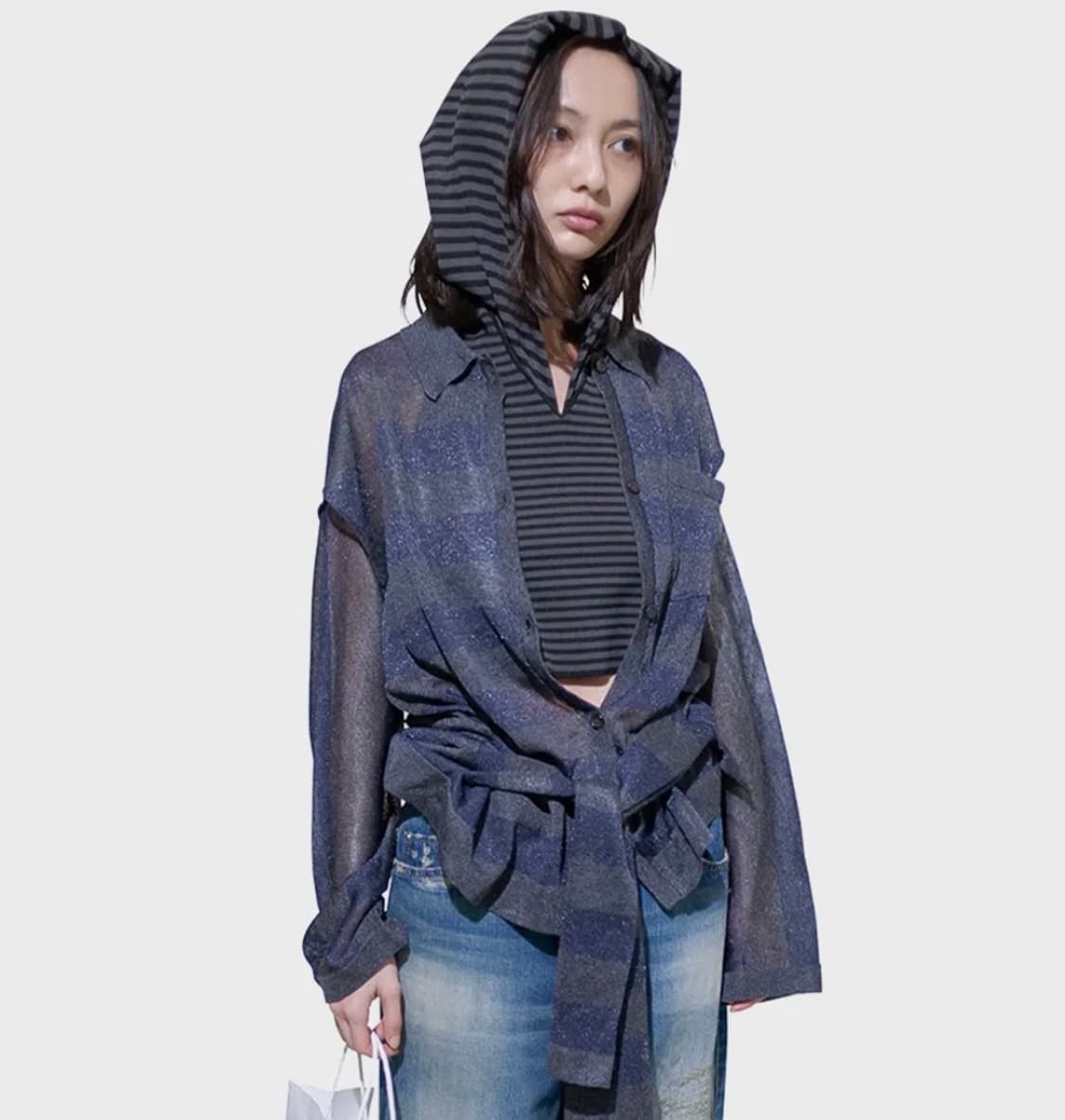 PERVERZE Sleeve Belt Knit Shirt navy 상품이미지1