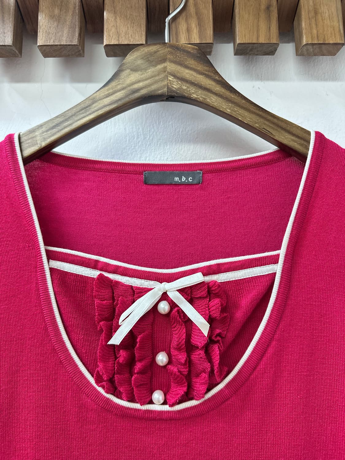 일본빈티지 핑크 레이어드 리본 프릴 펄 디테일 반팔 티셔츠 상품이미지3