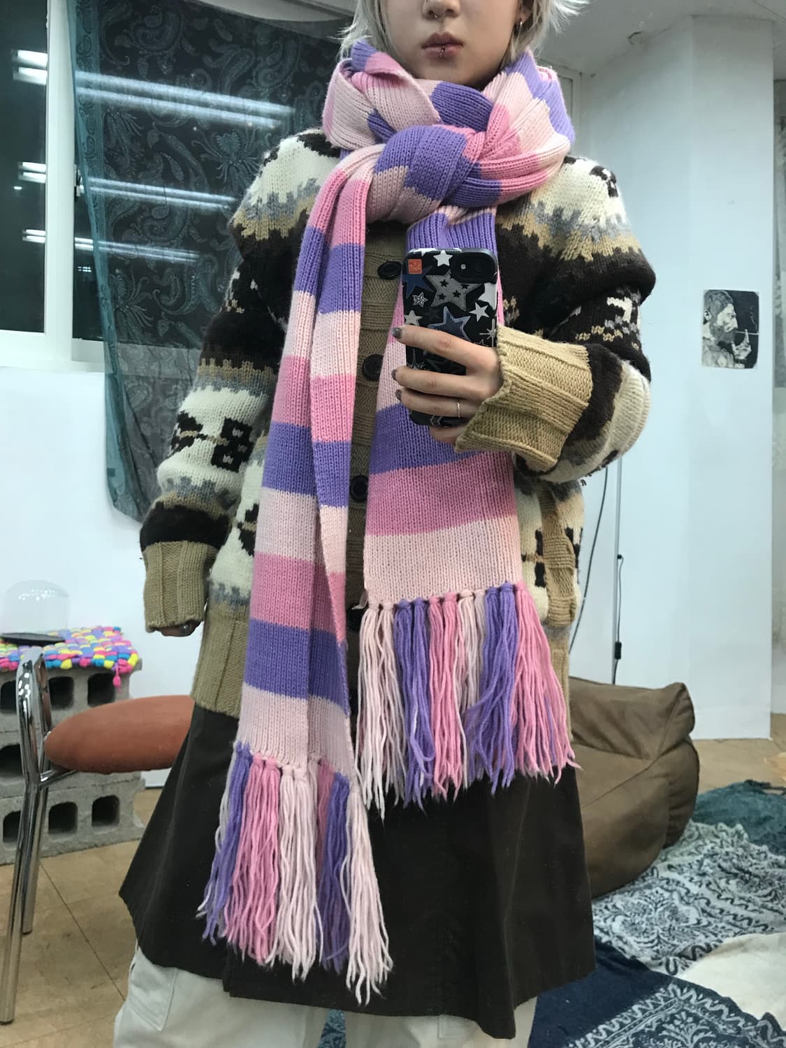 빈티지 스트라이프 퍼플핑크 목도리 머플러  상품이미지1