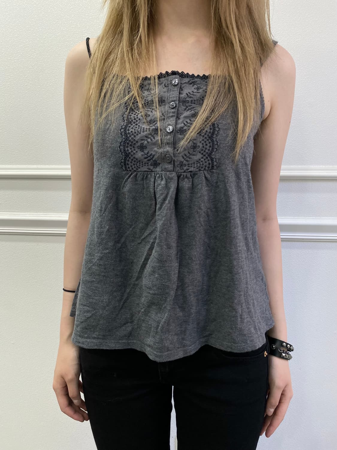 Y2K Lace&Flowers Pattern Grey Sleeveless 상품이미지1