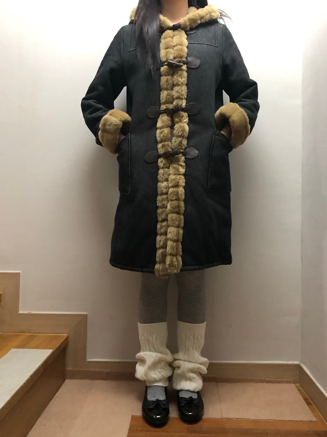 빈티지 블랙 베이지 퍼 더플 코트 상품이미지2