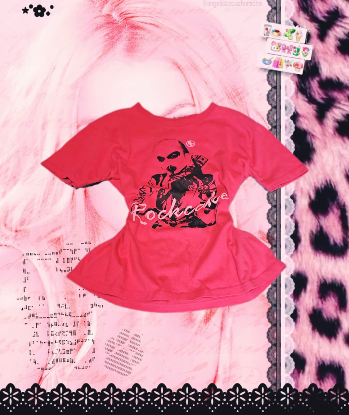 Y2K 펑크 락케이크 핫핑크 반팔티 상품이미지1