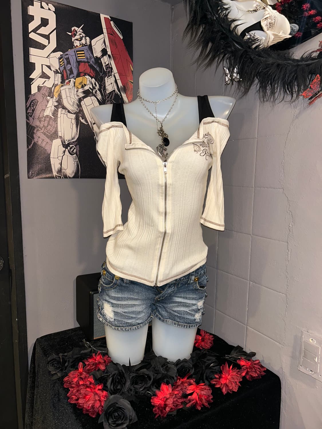 GARULA 갸루라 해골 프린팅 지퍼 오프숄더 7부티 갸루y2k 상품이미지5