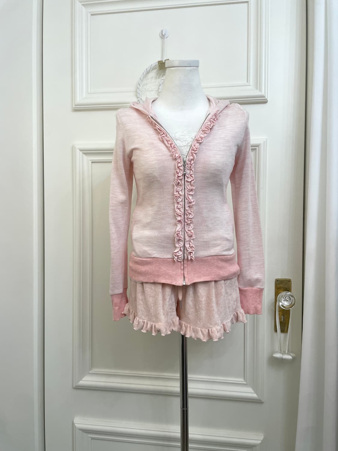 cute pink ruffle hoodie-zip&white lace s 상품이미지1