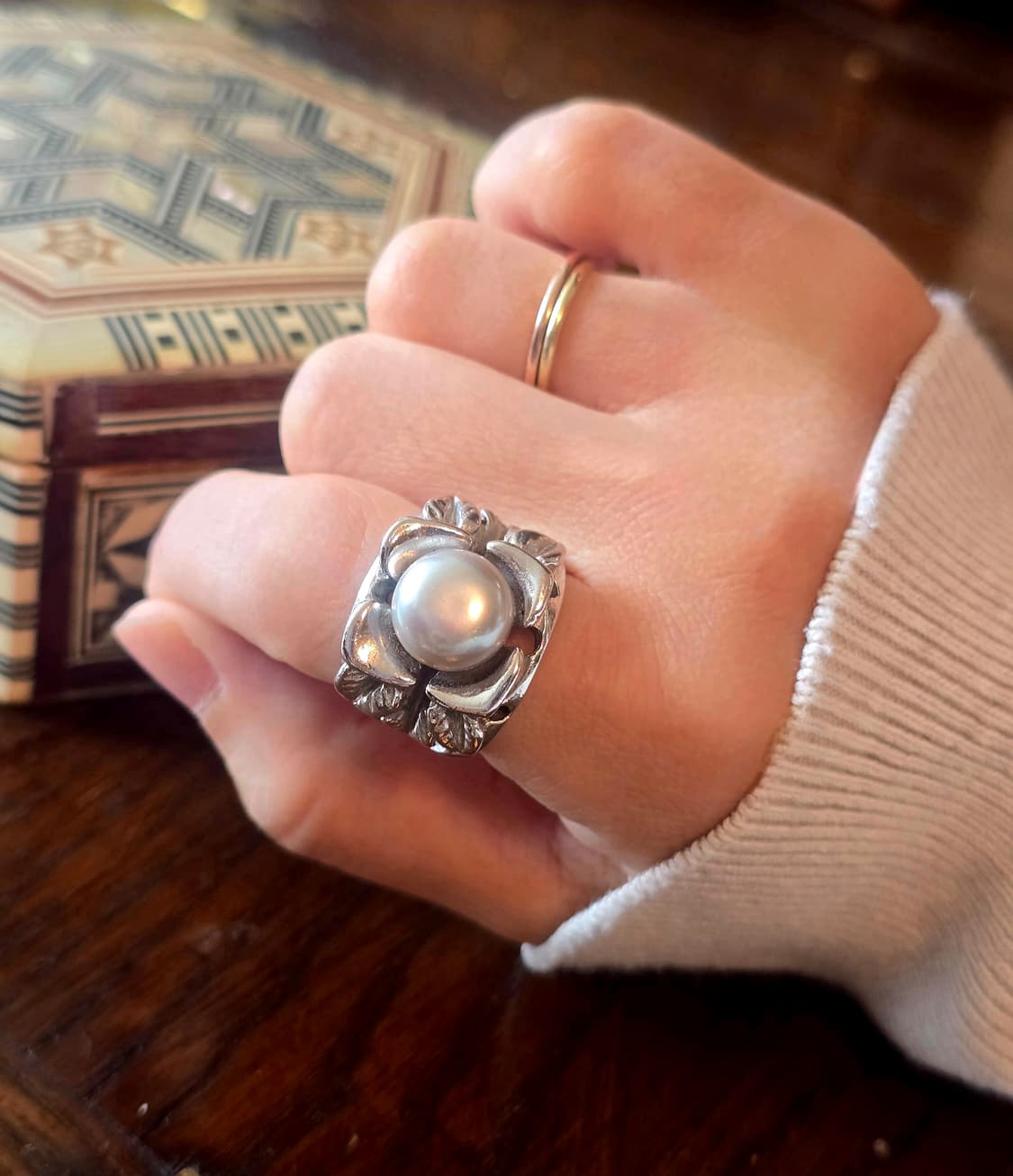 빈티지 실버 나뭇잎 모티브 진주 반지 상품이미지5