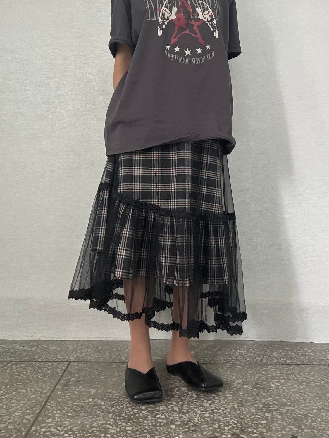 체크 시스루 미디 스커트 상품이미지3