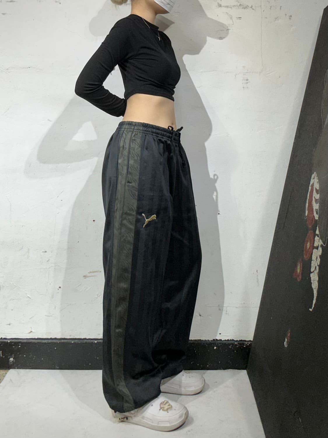푸마 블랙 사이드 라인 댄스 추리닝 트레이닝 와이드 팬츠 M 상품이미지1