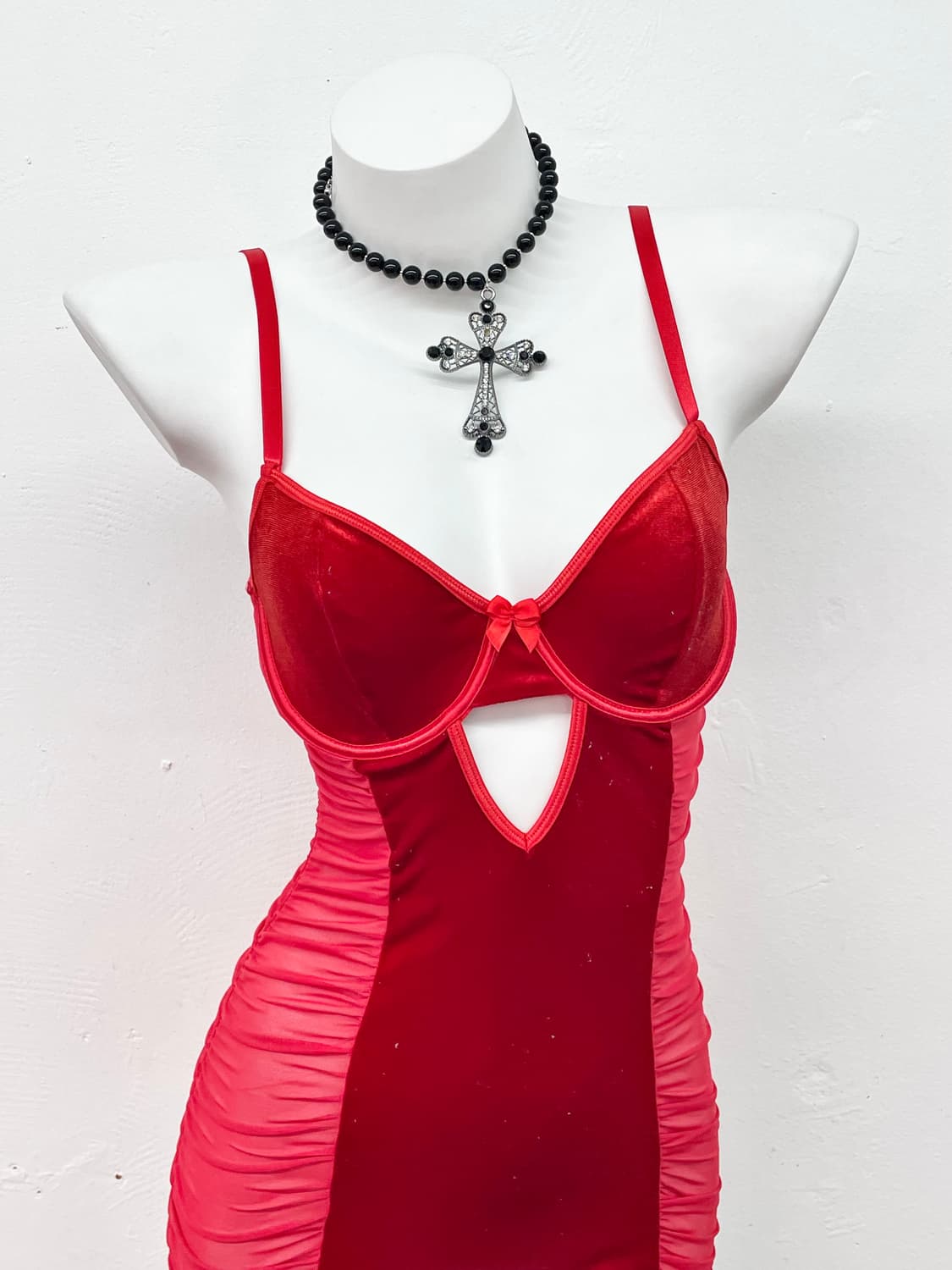 레드 셔링 벨벳 원피스 상품이미지2