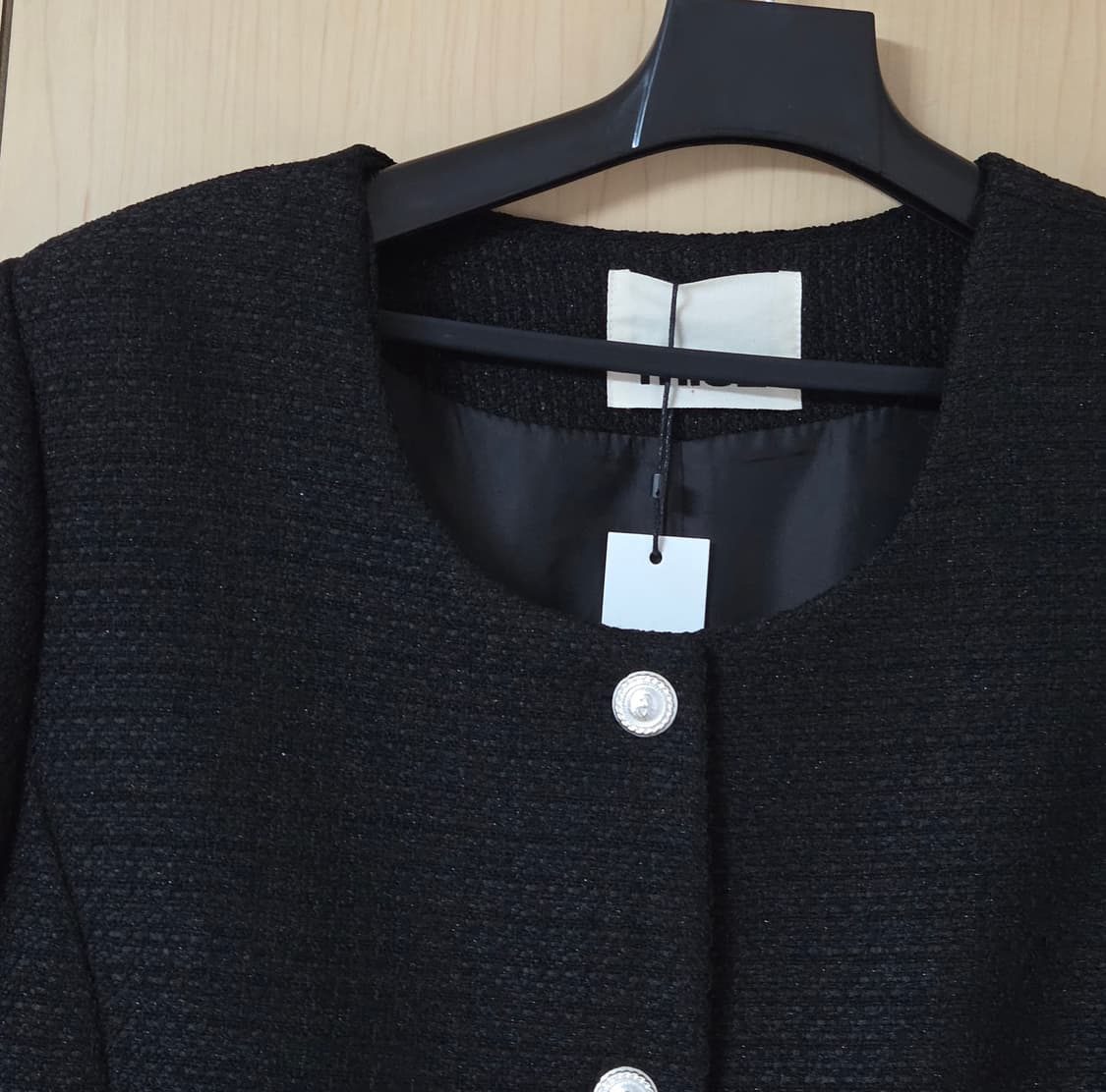 택달린새상품) 미엘 miel 브레스자켓 블랙 노카라 7부 숏 트위드 상품이미지9