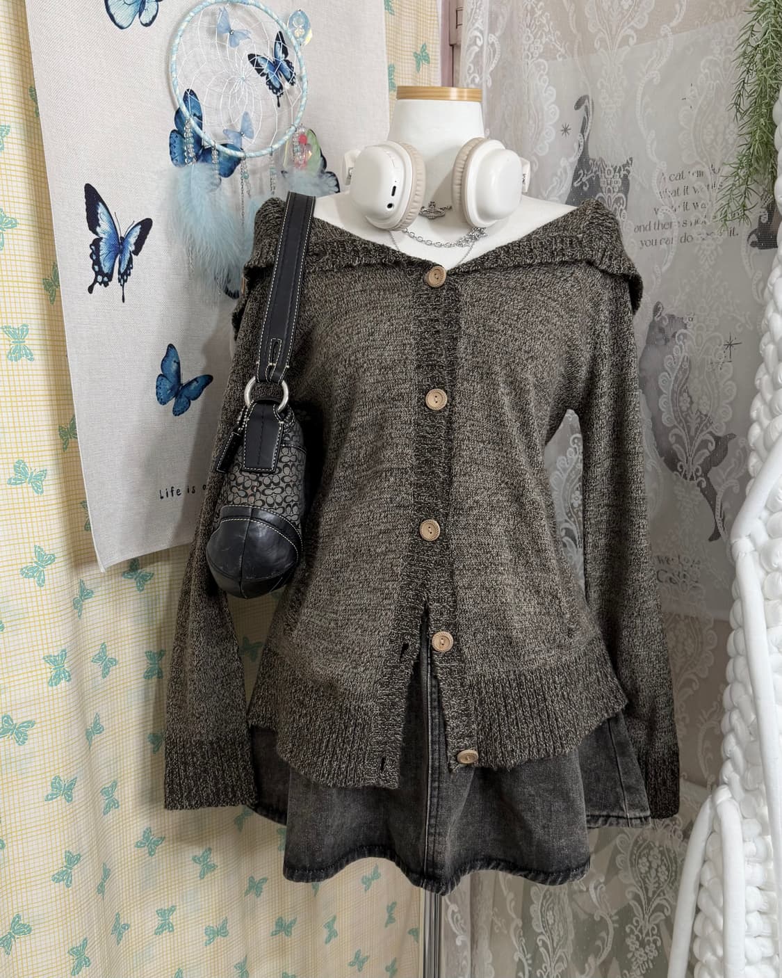 브라운 우드 버튼 빅 카라 가디건 상품이미지4