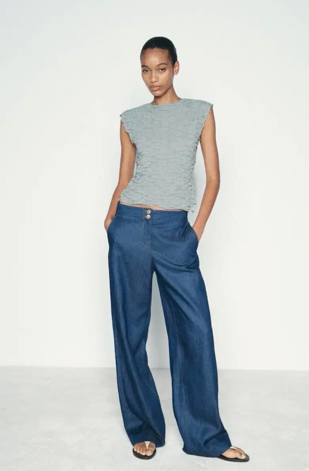 ZARA 자라 링클 캡소매 티셔츠 소라, 자라 링클 슬리브리스 상품이미지3