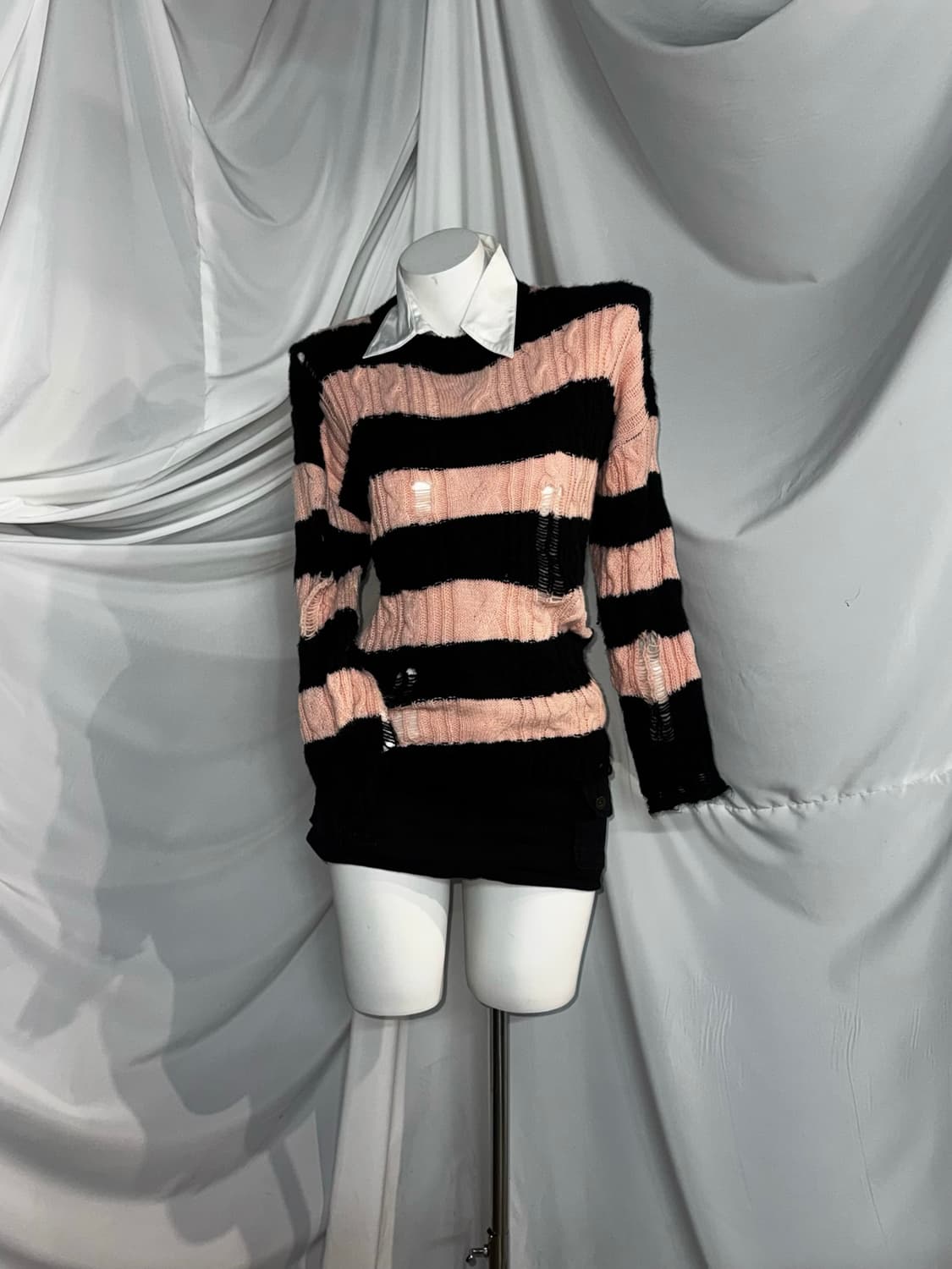 뮤트핑크 레오파드 곰돌이 갸루 데미지 스트라이프 니트 코디세트  상품이미지7