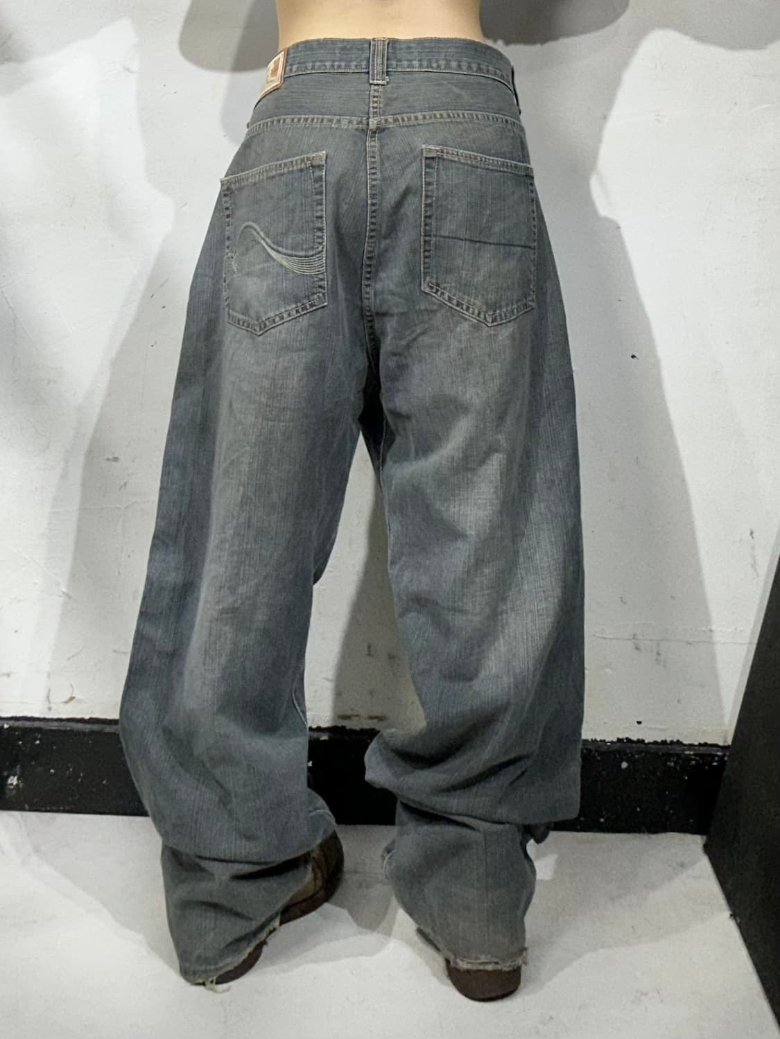 드렁큰 몽키 빈티지 힙합 와이드 그레이 데님 새깅 청바지 상품이미지3