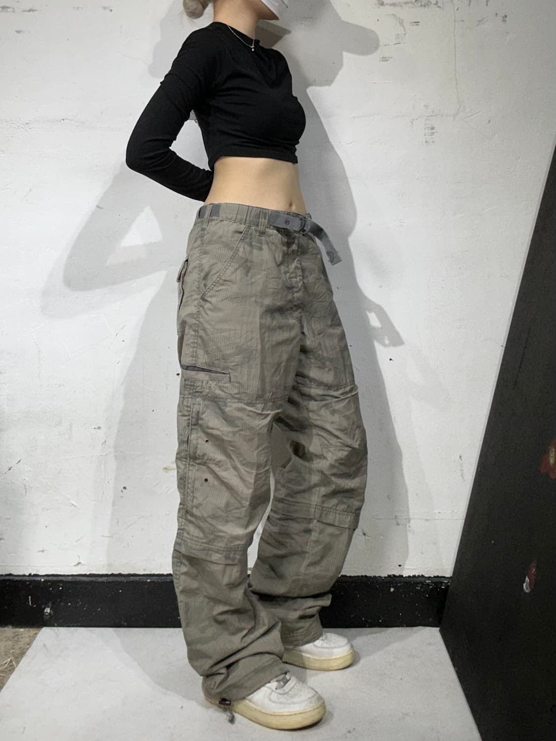 일본 빈티지 베이지 유틸리티 무릎 절개 카모 와이드 카고 팬츠   상품이미지1