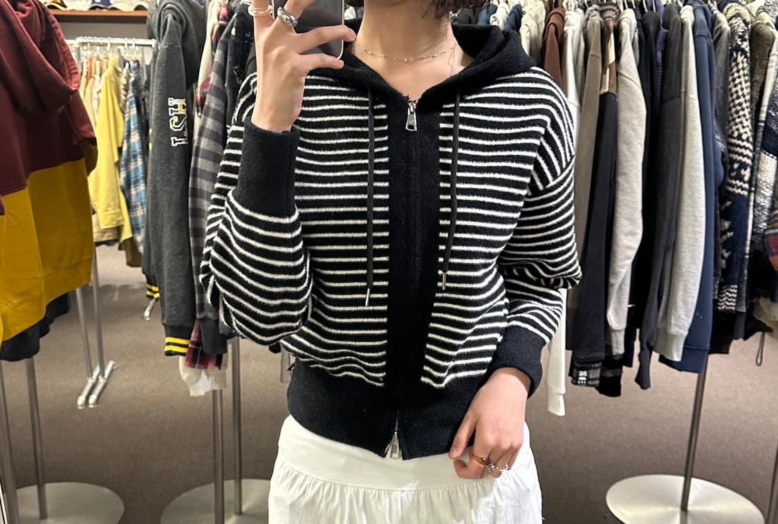 OS)Japanese vintage 여성 크롭 스트라이프 니트 후드집업 상품이미지2