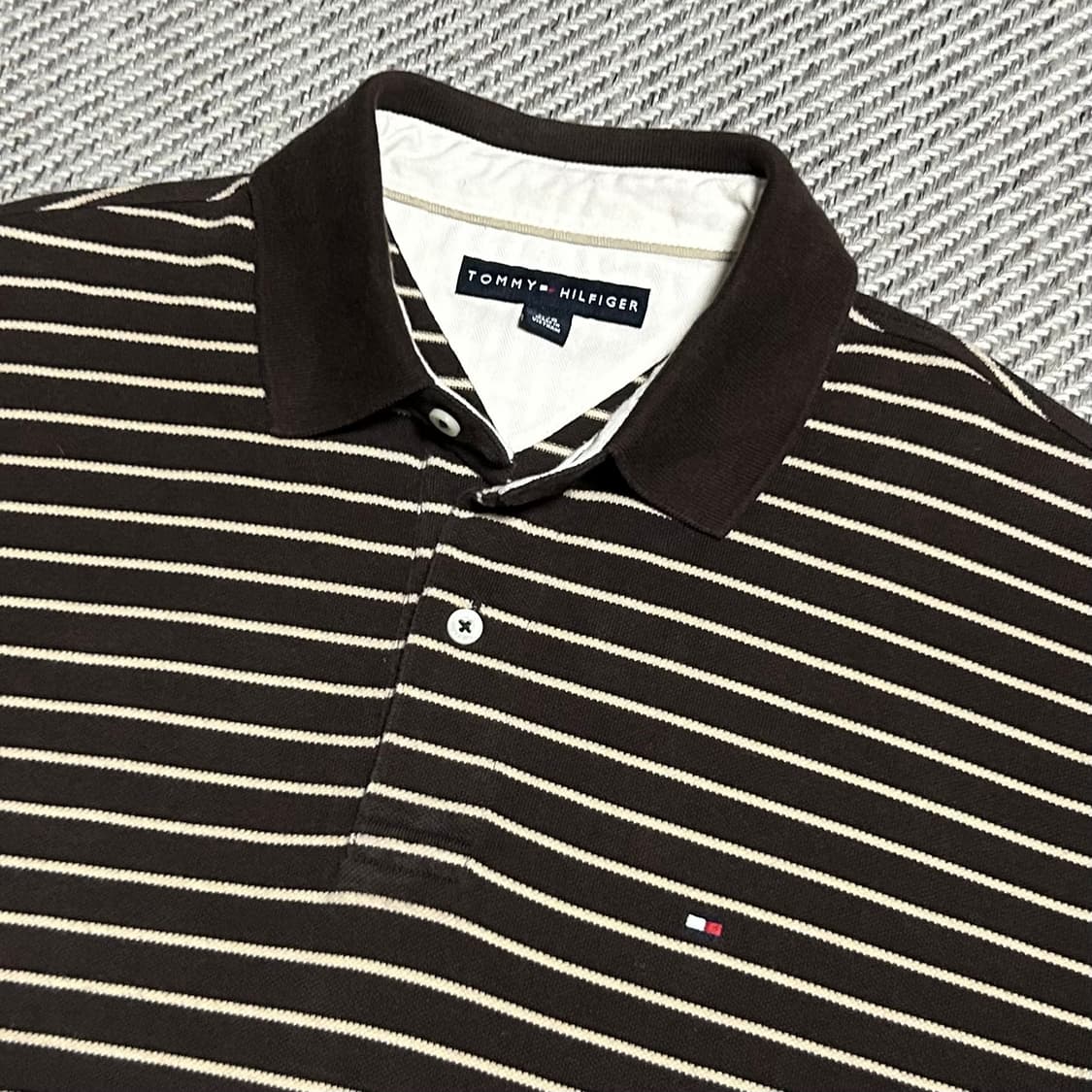 [XL] Tommy 타미힐피거 브라운 스트라이프 반팔 카라티 상품이미지3