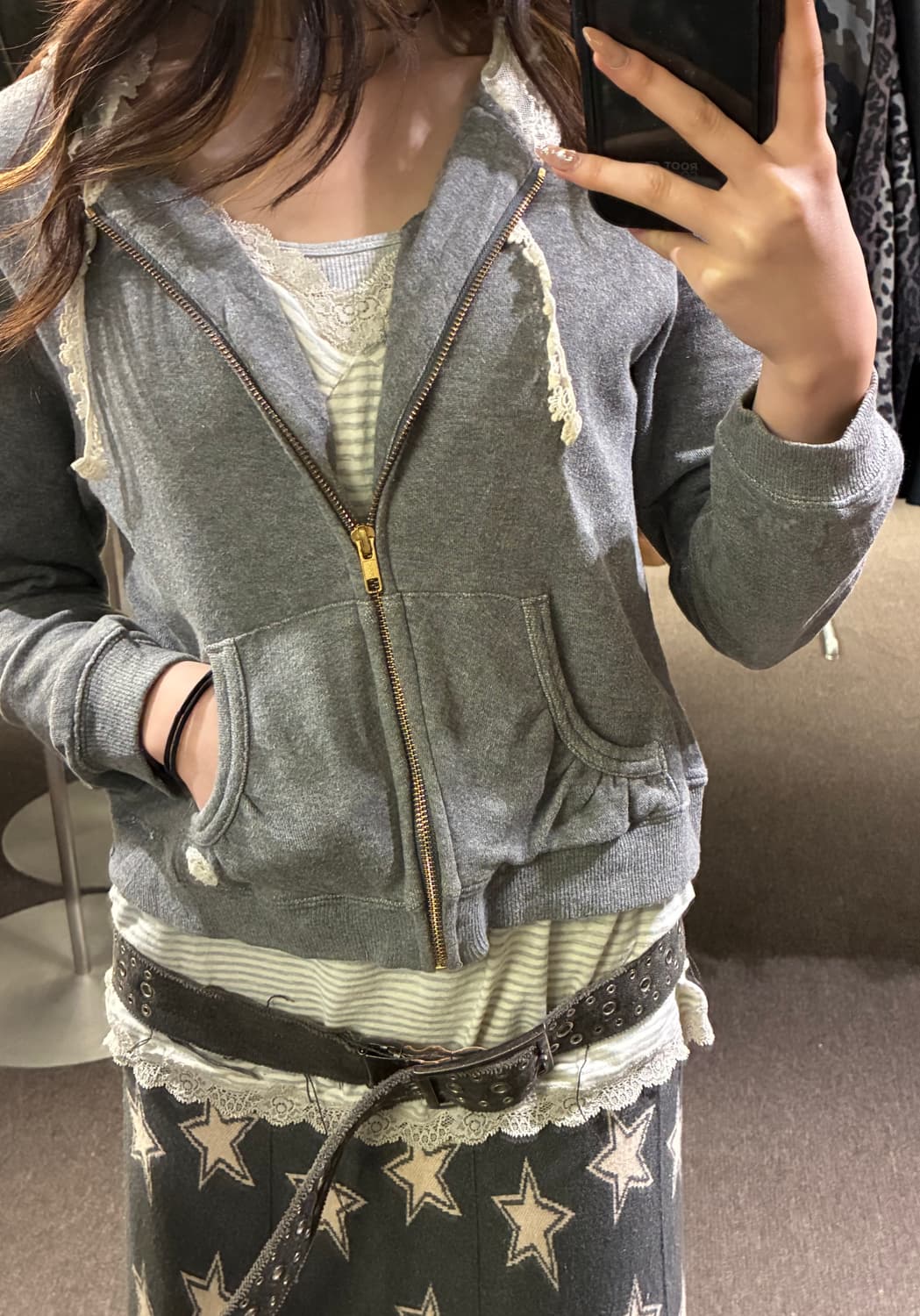 M)earth music 빈티지 여성 레이스 디테일 후드 집업 상품이미지2