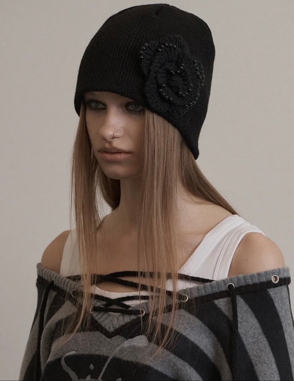 셋업이엑스이 코사지 블랙 비니 상품이미지1