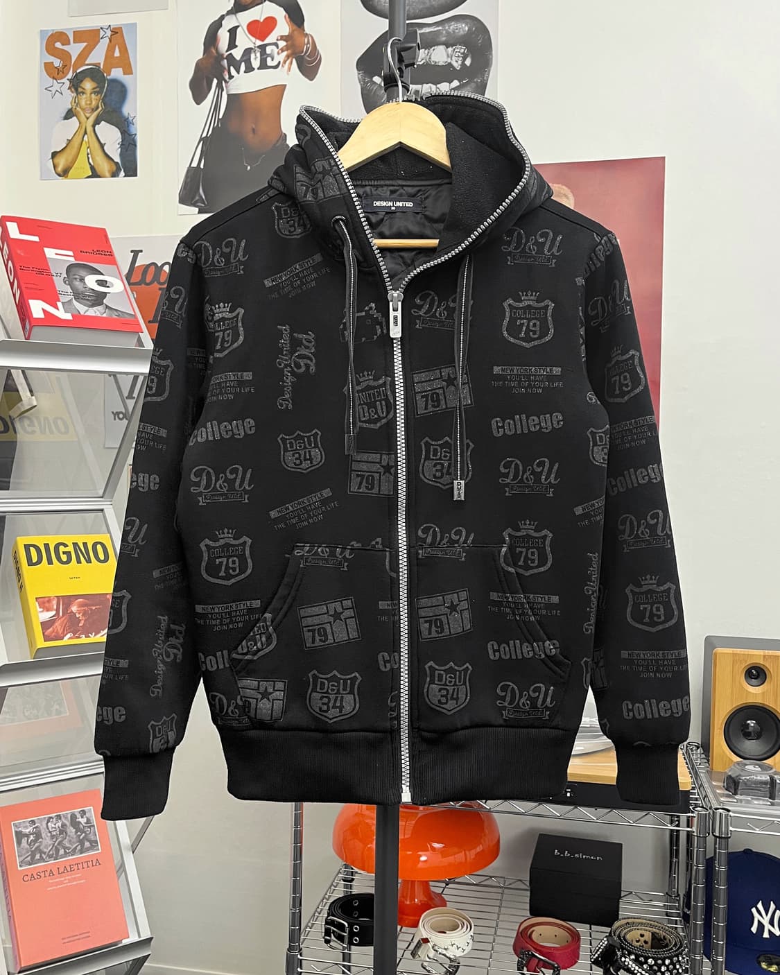 올드 빈티지 패턴 퀼팅 도톰 후드집업 블랙 상품이미지5