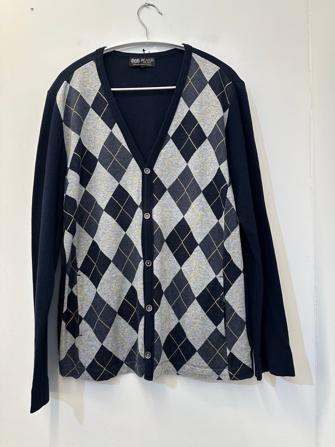L) 빔즈 하트 다이아몬드 패턴 네이비 그레이 가디건 상품이미지1