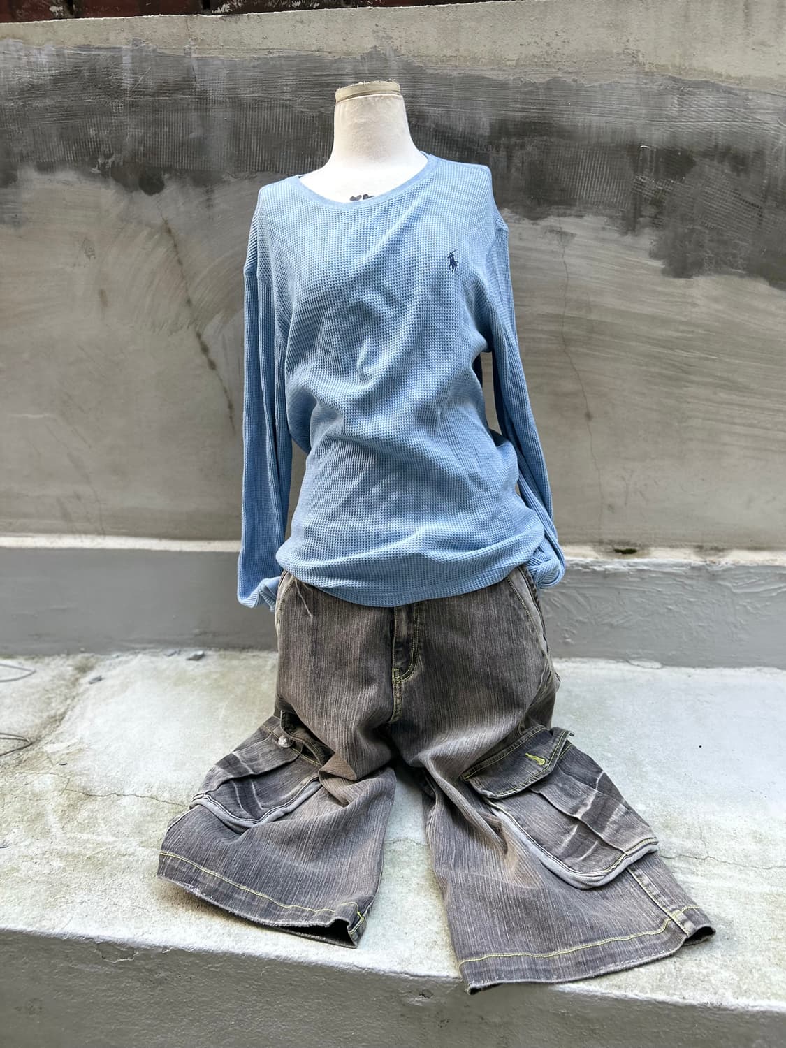 Vtg 폴로 하늘색 와플 니트 롱슬리브 상품이미지1