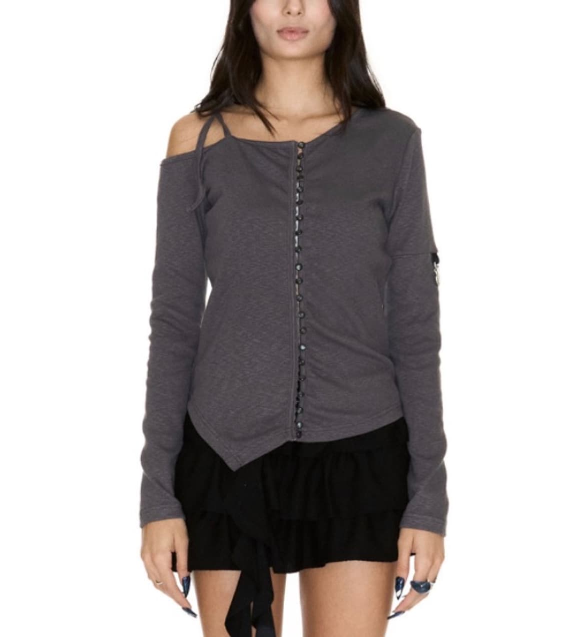 쎄쎄쎄 원숄더 버튼 차콜 롱 슬리브 가디건 상품이미지1