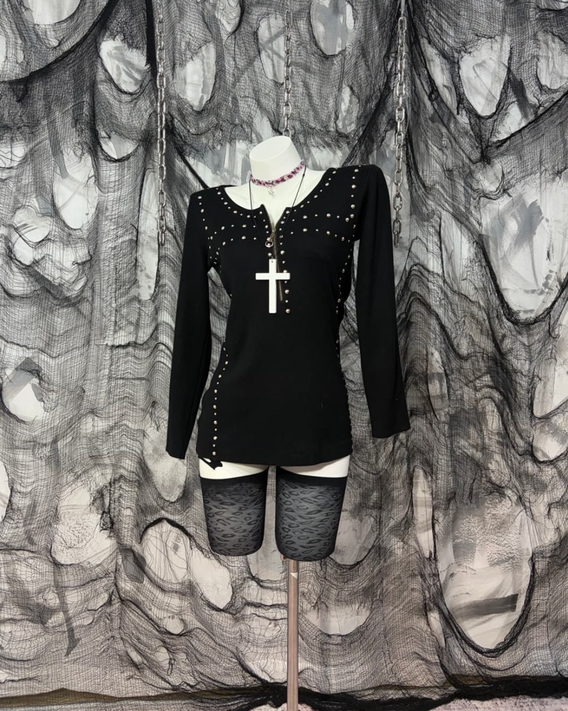 Y2K stud antique half zip-up knit long s 상품이미지1