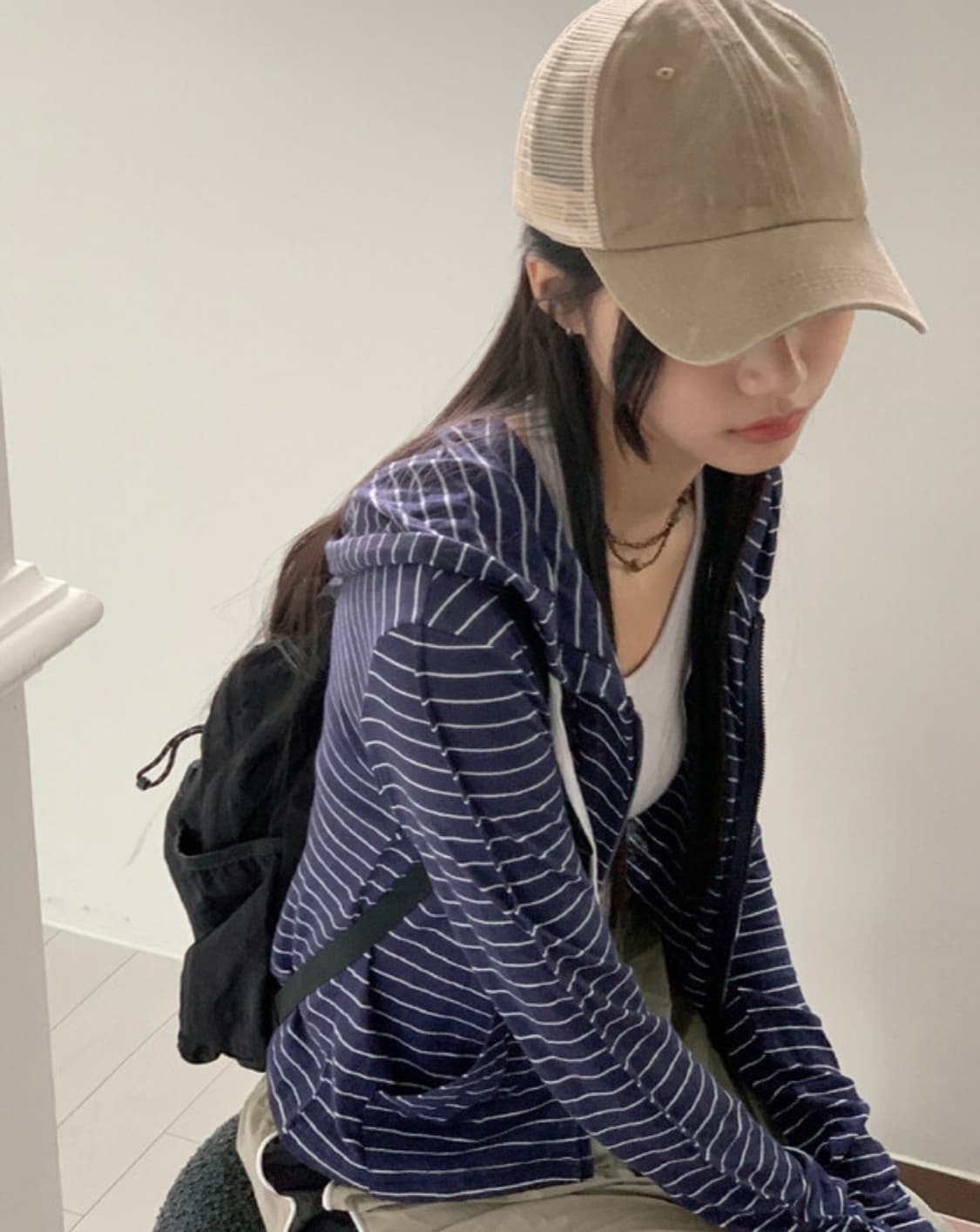 새제품) 원더원더 여름용 랜딩 린넨 스트라이프 후드 집업 상품이미지2