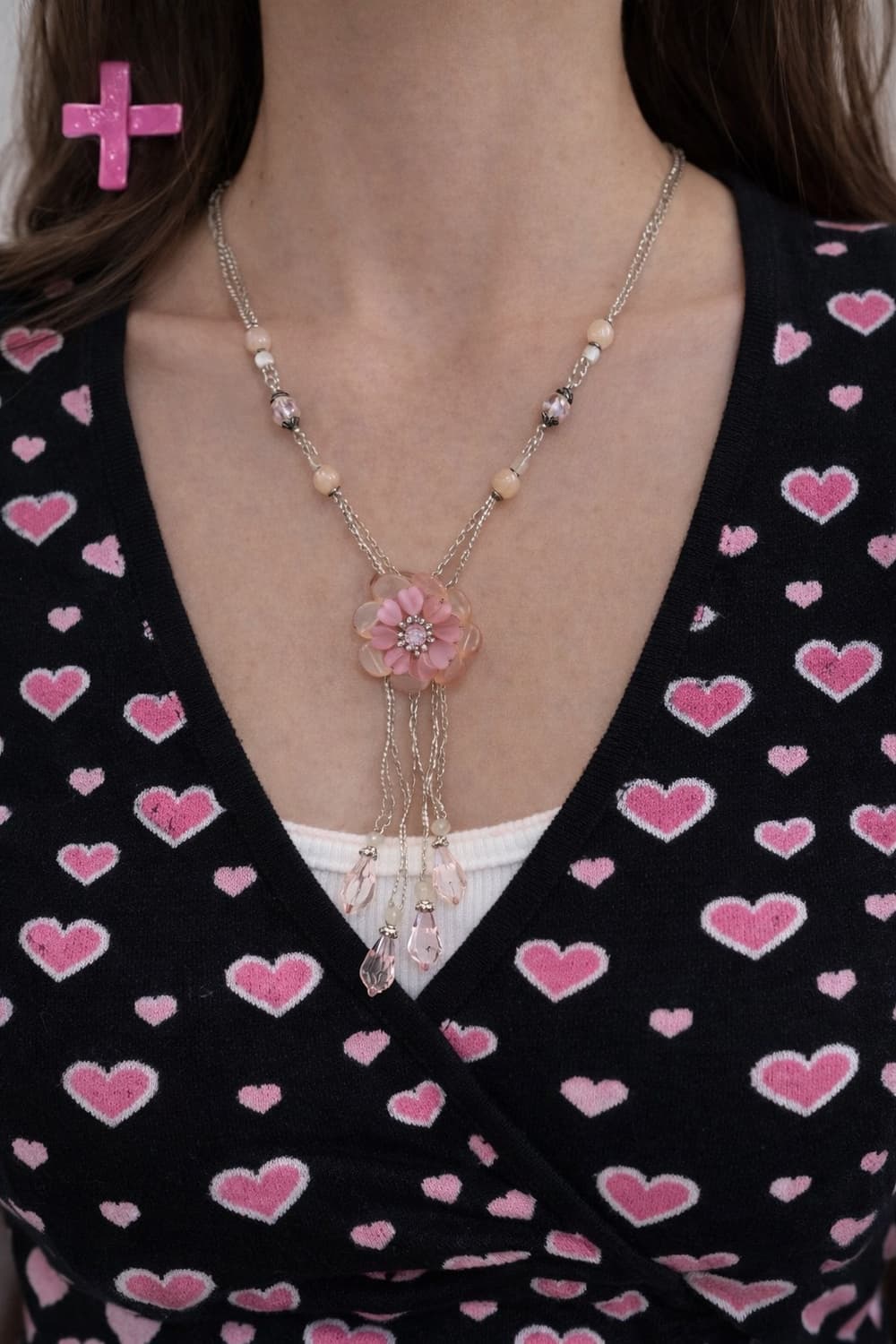페어리 y2k 키치 러블리 핑크 비즈 플라워 목걸이 상품이미지1