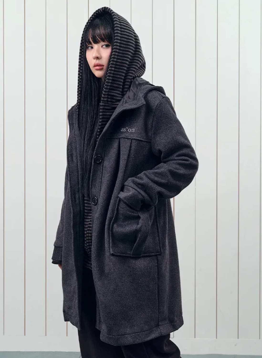 애즈온 ason allo hood long coat 후드 롱 코트 차콜 상품이미지1