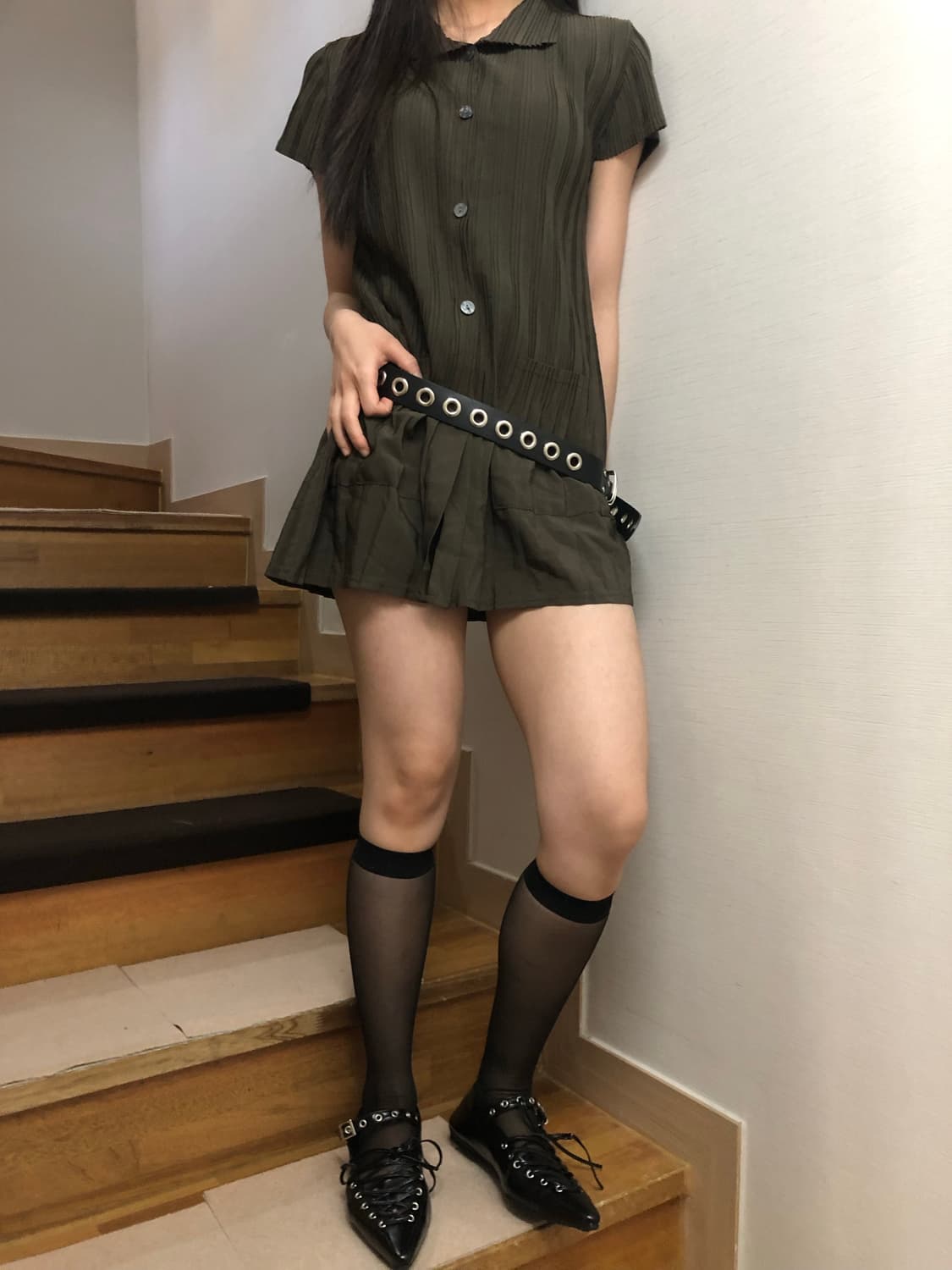 빈티지 카키 플리츠 미니 원피스 상품이미지3