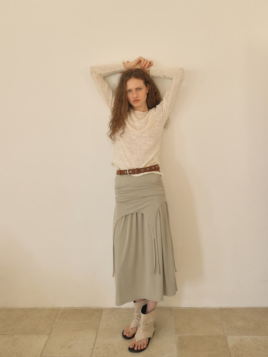 아우로 셔링 타이 롱스커트 (모스) 상품이미지3