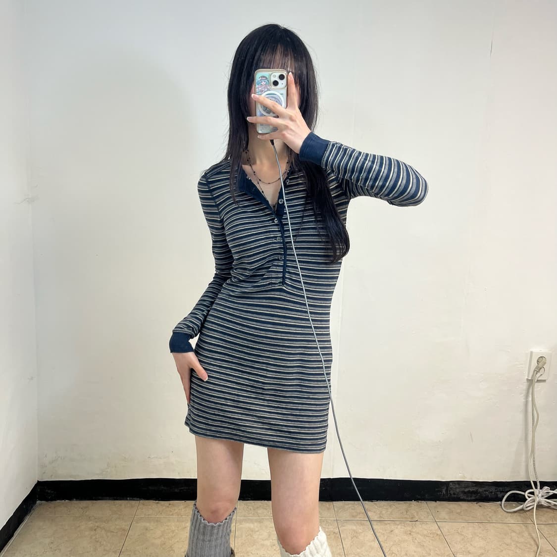 Polo stripe henley neck dress 상품이미지1