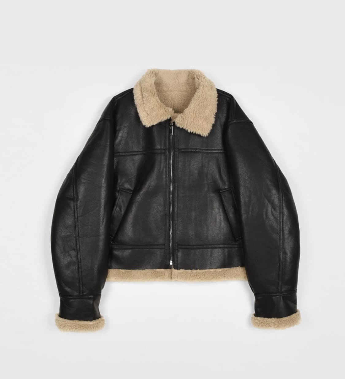 새상품) 메리어라운드 자체제작 비건 레더 무스탕 자켓 블랙 상품이미지3