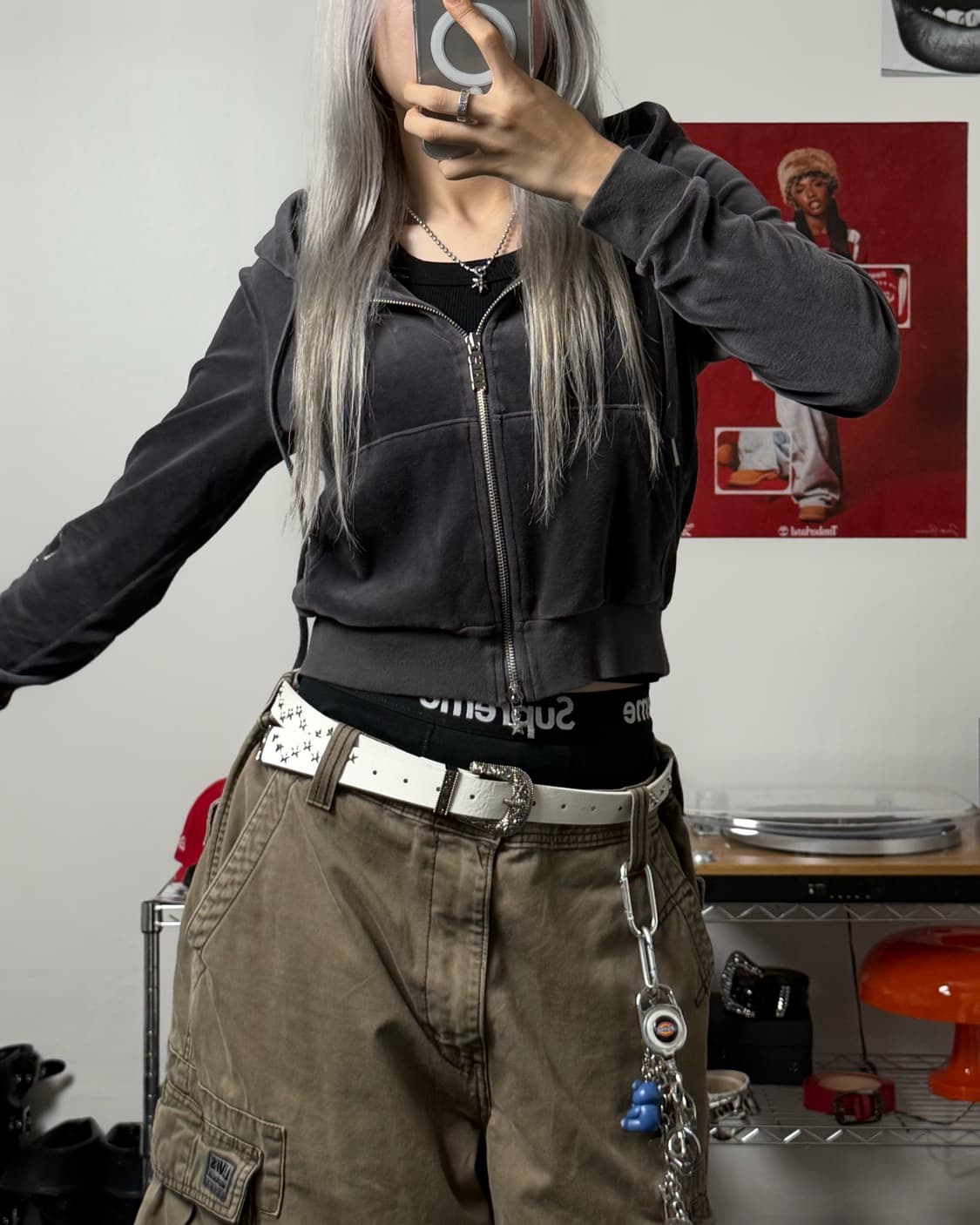 빈티지 벨벳 후드집업 블루 그레이 상품이미지2