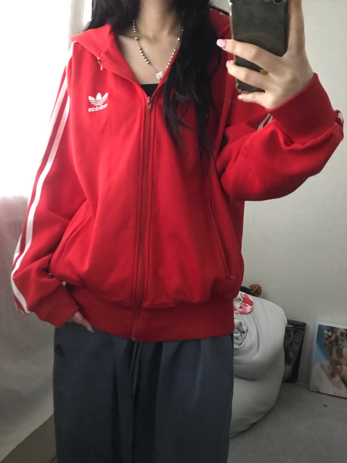 아디다스 레드 오버핏 후드 져지 상품이미지4