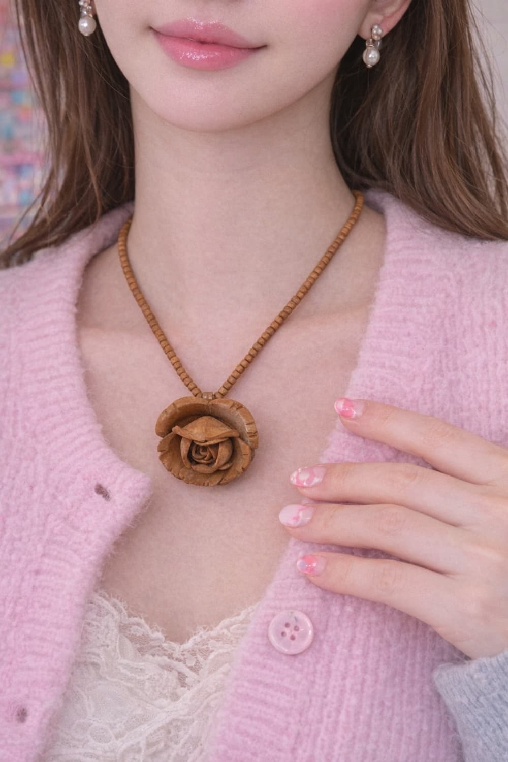 빈티지 우드 플라워 장미 목걸이 상품이미지1