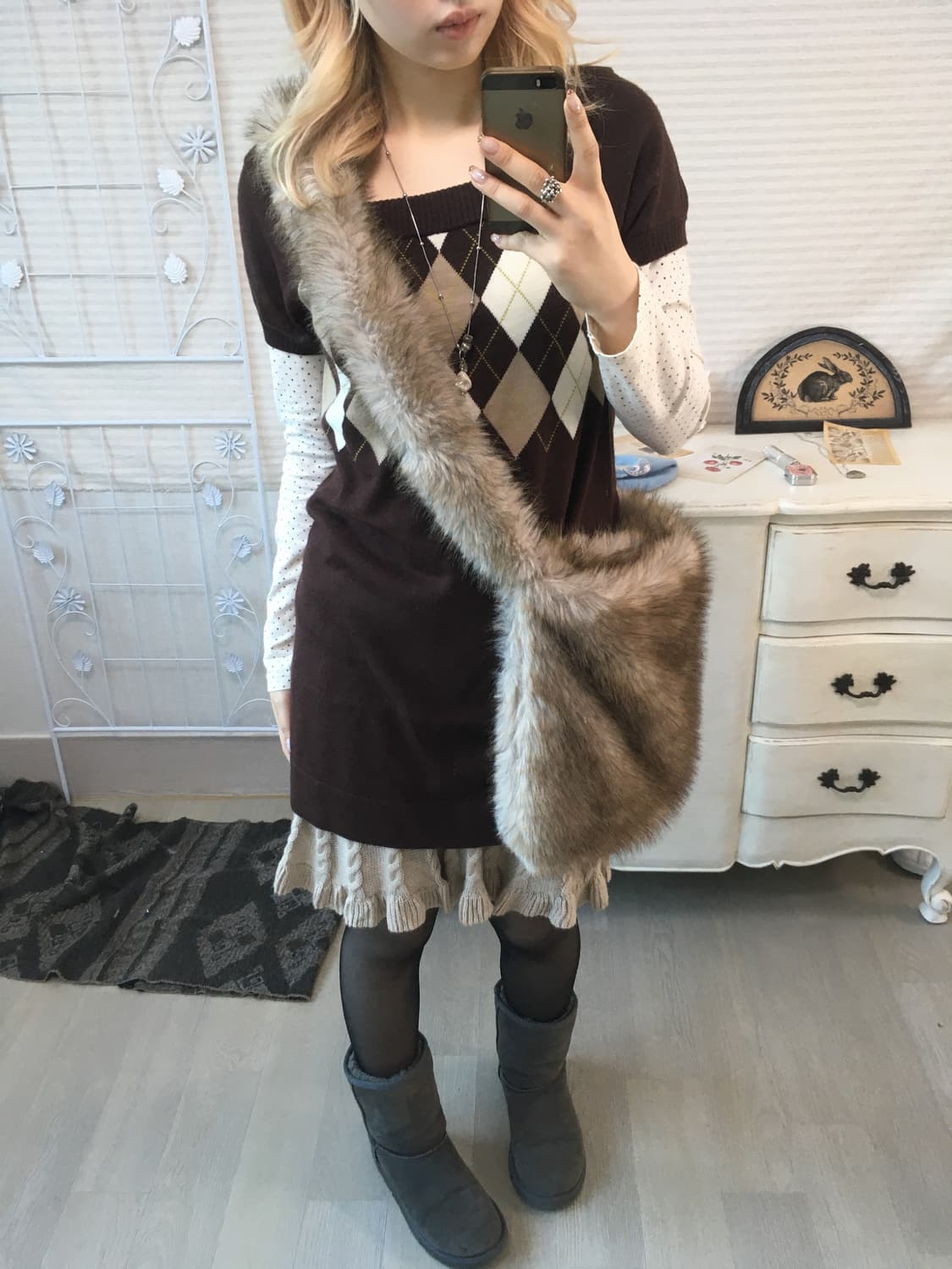 Set)아가일 브라운 니트원피스 +도트롱슬리브 상품이미지2