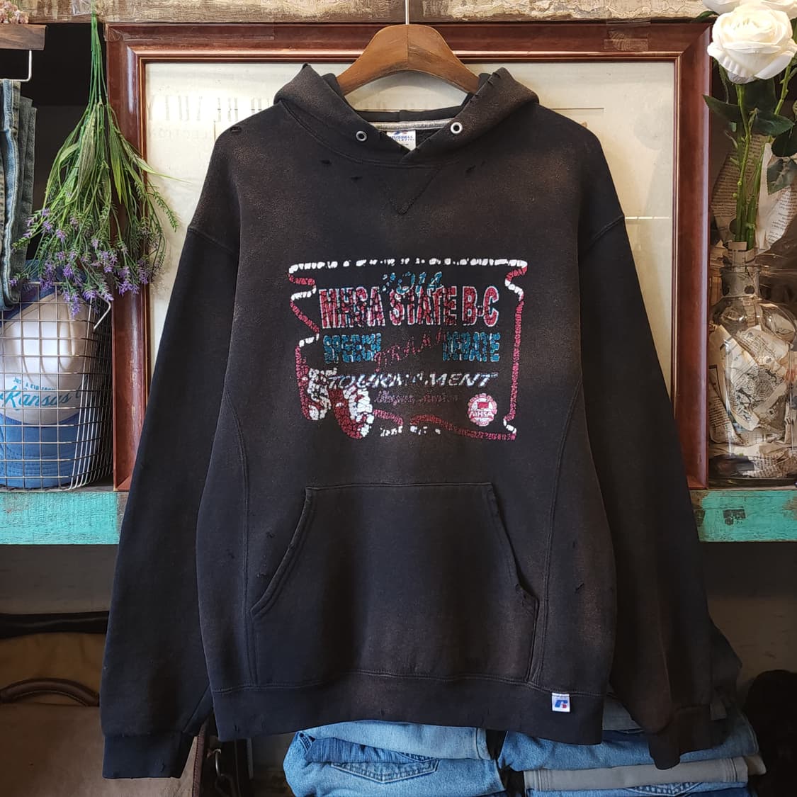 90s 러셀 후드 빈티지 스웻셔츠 썬페이딩 블랙 M 상품이미지1