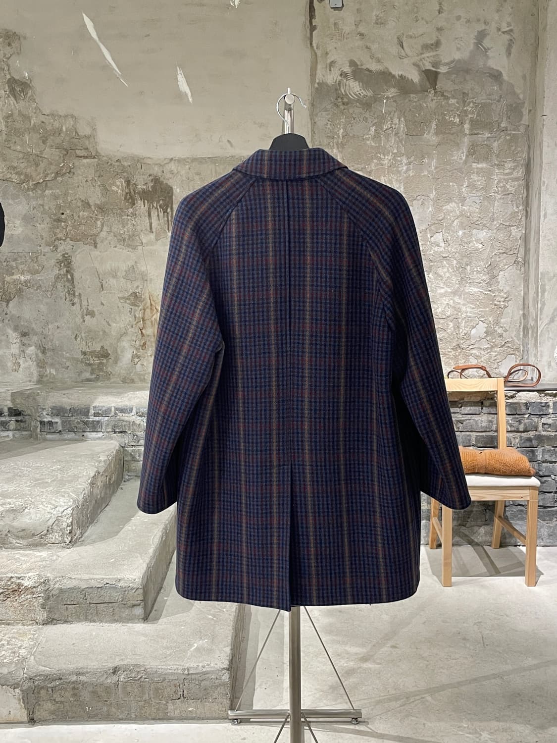 프라다 블루 하운드 투스 체크 히든 버튼 울 숏 코트 상품이미지6