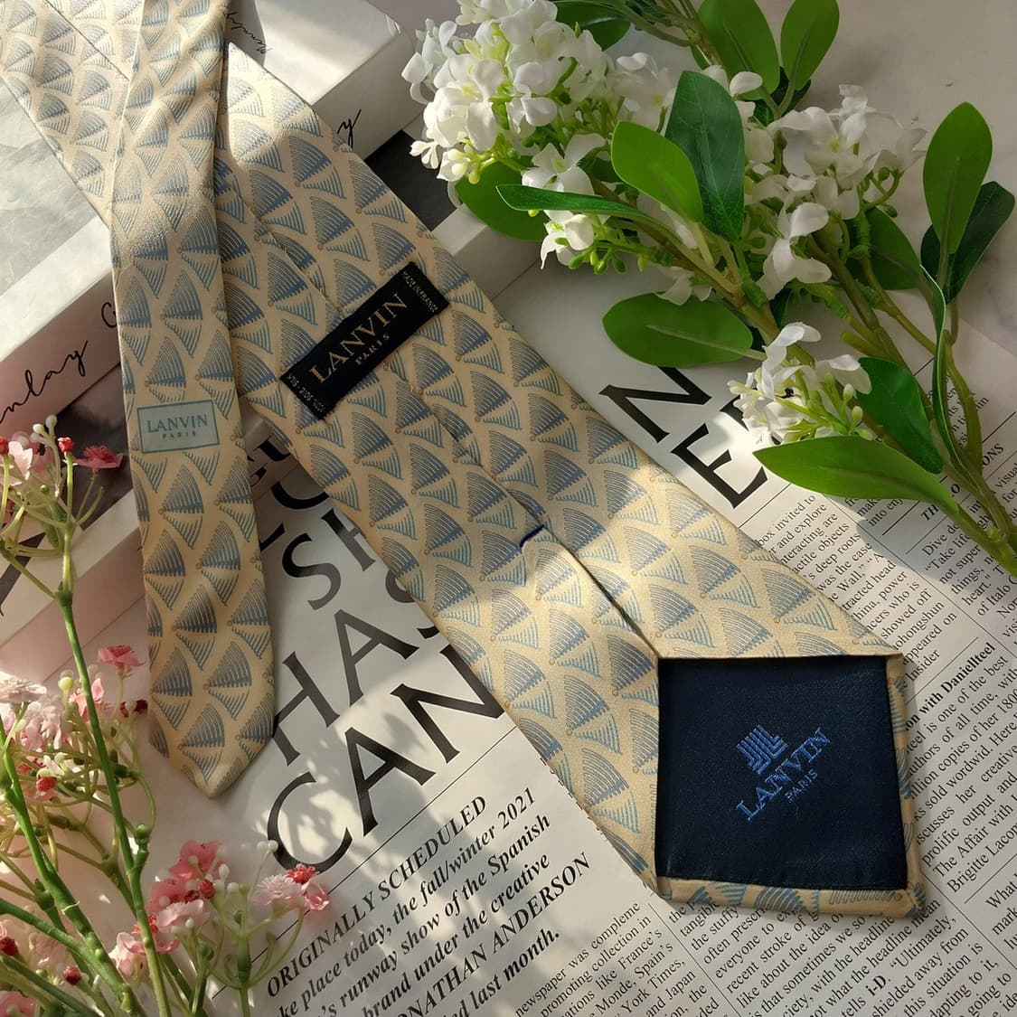 랑방 실크 아이보리 기하 패턴 넥타이 9cm A등급 K1729
 상품이미지5