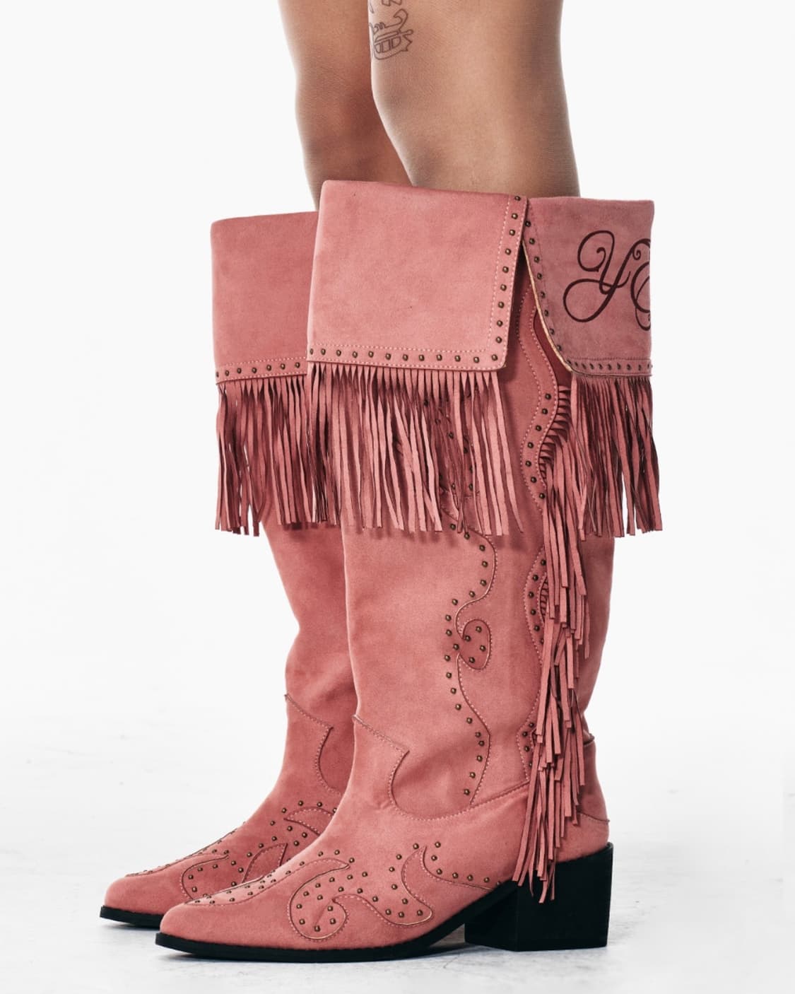 [구매] 와이이이엘 스터디드 스웨이드 프린지 부츠 핑크 250 상품이미지1